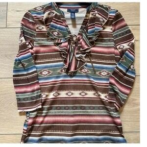 Chaps Denim Womens‎ Medium Southwestern Mesh Ruffle Lace Up Top Multi Color